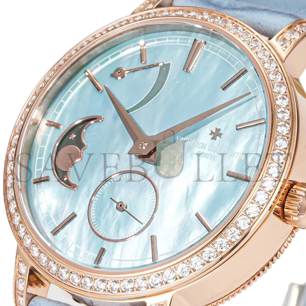 VACHERON CONSTANTIN TRADITIONELLE MOON PHASE BLUE MOP DIAL WITH DIAMOND BEZEL IN PINK GOLD ON BLUE LEATHER STRAP 36MM WATCH 83570/000R-9915
